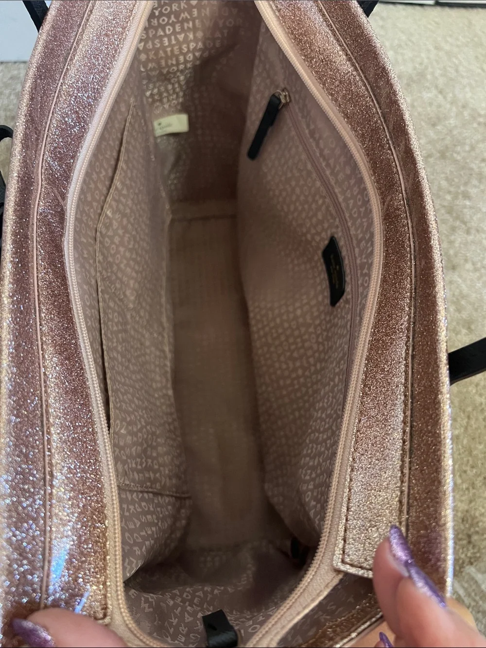 Kate Spade Rose Gold Glitter Tote with Black Bow and Black Handles
